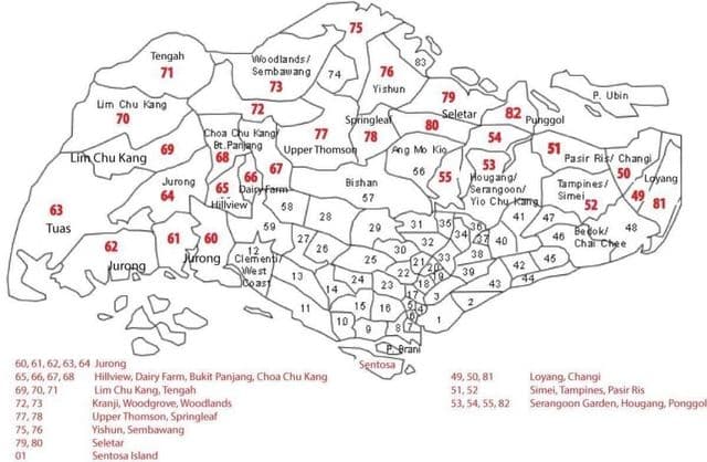 Singapurska mapa z kodami pocztowymi
